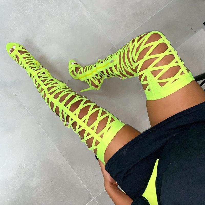 Cutout Peep Toe Bright Color Belt Thigh High Boots
