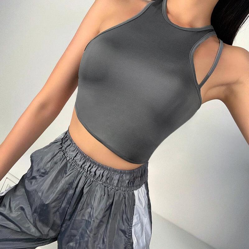Sexy Gray Plain Backless Cropped Short Tank Tops