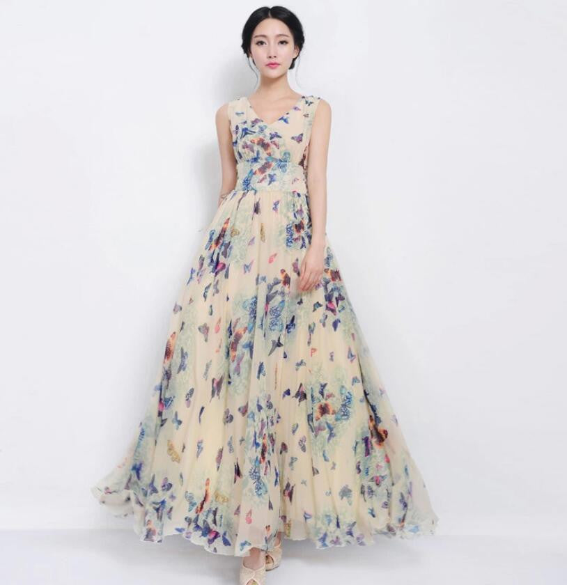 Beautiful Scoop Sleeveless Print Long Pleated Chiffon Dress