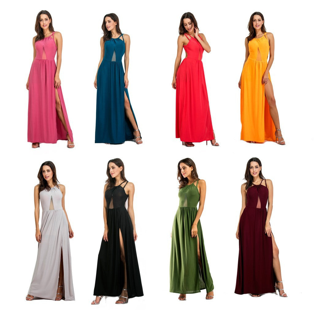 Pure Color Scoop Split Backless Long Party Dress
