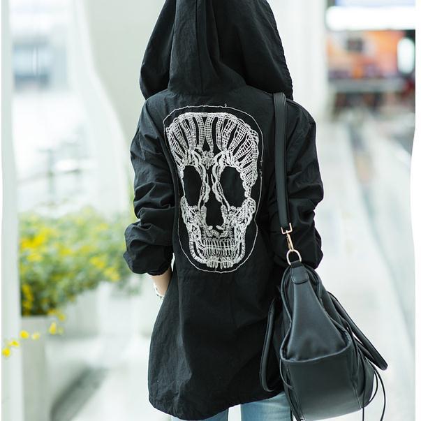 Skull Embroidered Hooded Belt Long Sleeves Mid-length Coat - Meet Yours Fashion - 2