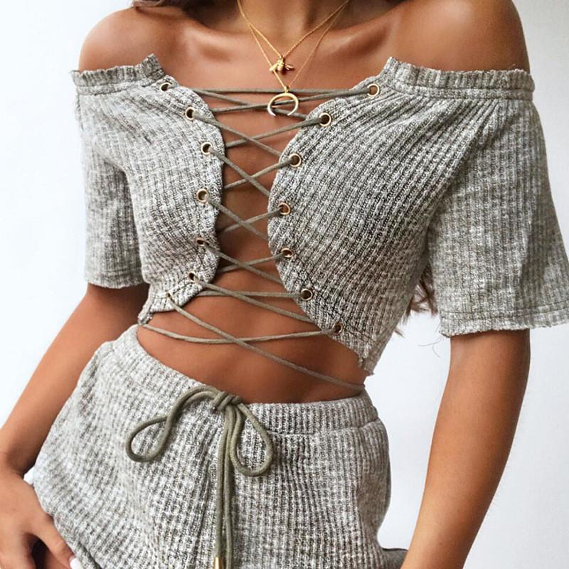 Off Shoulder Straps Pure Color Knit Short Crop Top