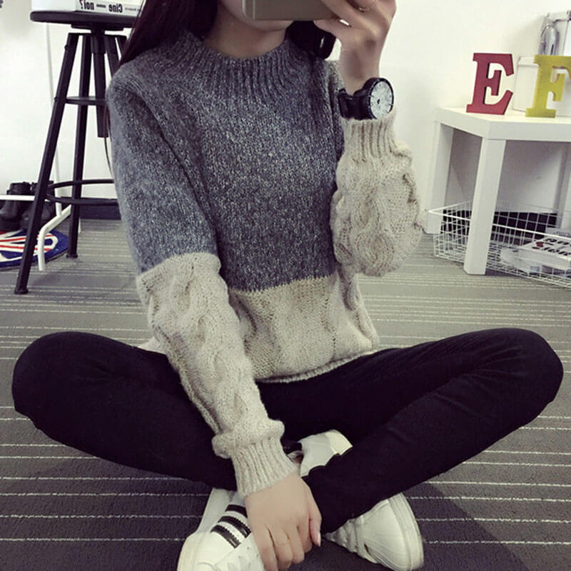 Cable Knit Colorblock Chunky Sweater聽