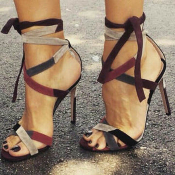 Summer Open Toe Strap Suede Color Block High Heel Sandals