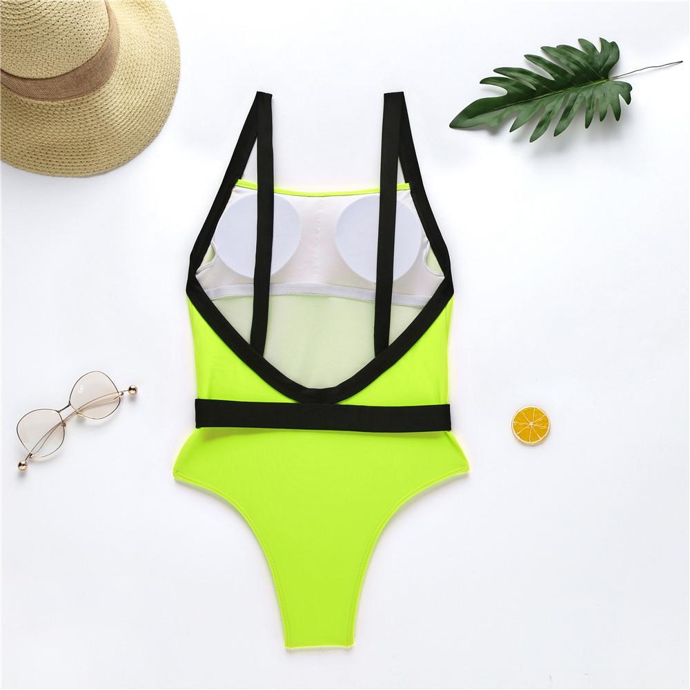 Bright Color Buckle Low Back High Cut Swimsuit