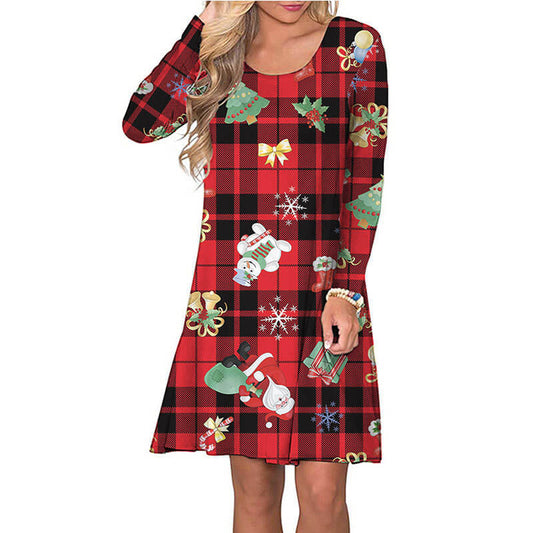 Christmas Plaid Cartoon Print Short Dress