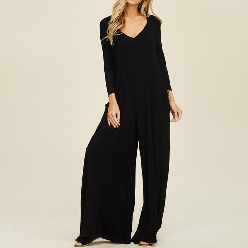 V-neck Long Sleeve Casual Wide Jumpsuit