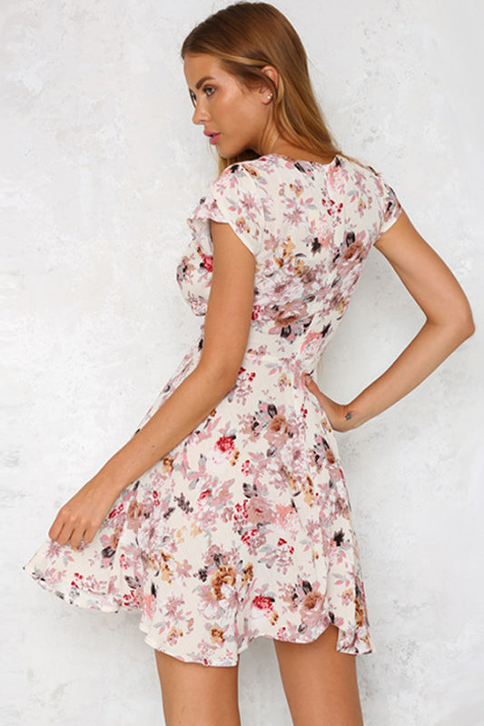 Floral Print V-neck Short Sleeves Short Dress