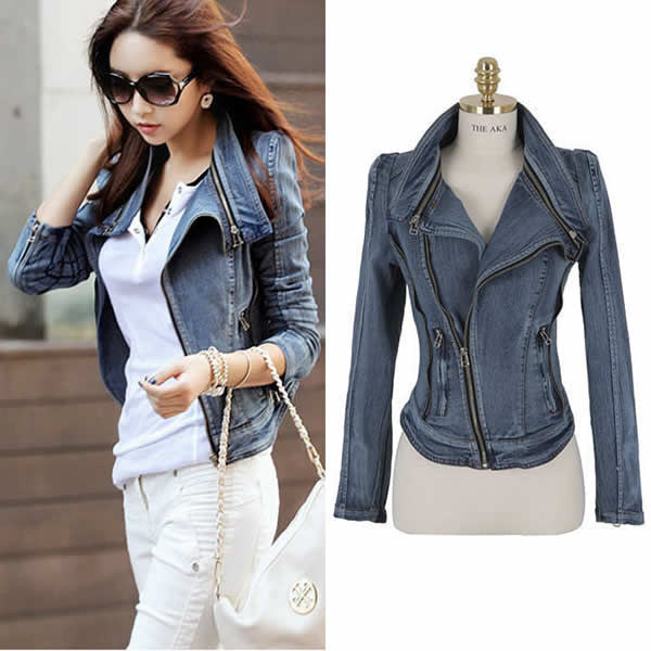 Slim Fit Zipper Long Sleeved Women's Denim Jacket - May Your Fashion - 3