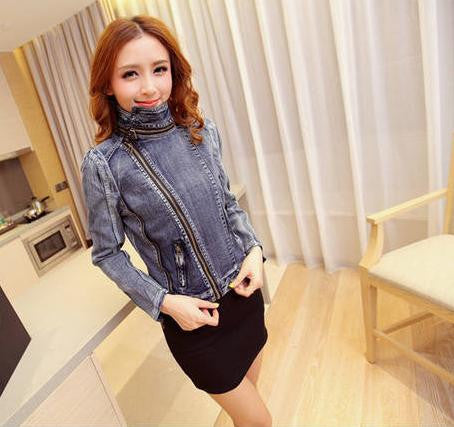 Slim Fit Zipper Long Sleeved Women's Denim Jacket - May Your Fashion - 5