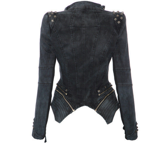 Rivets Shoulder Denim Tuxedo Jacket - May Your Fashion - 5