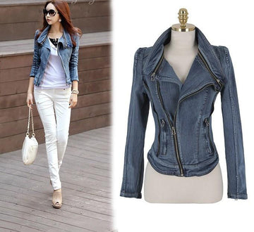 Slim Fit Zipper Long Sleeved Women's Denim Jacket - May Your Fashion - 1