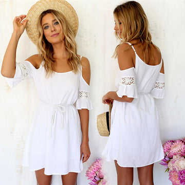 Sweet Lace White Off-shoulder Loose Strap Mini Dress