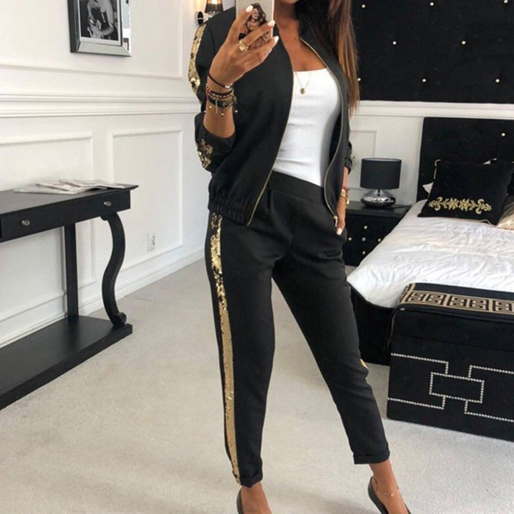 Women'S Tracksuit Two Piece Set Sports Suits Autumn New Fashion Casual Sequins Stitching Jacket Trousers Sports Suit